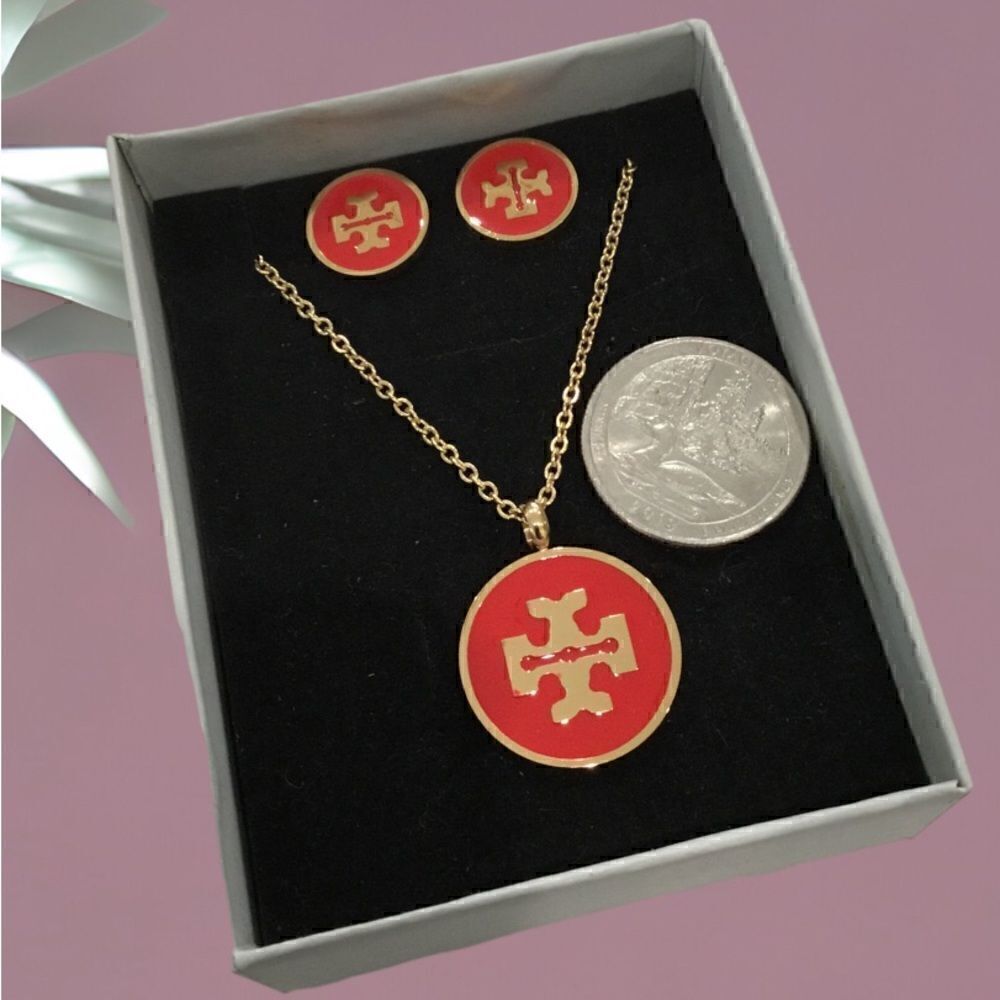 RED AND GOLDāāENAMELāEARRINGSāANDāNECKLACEāSET - Picture 2 of 4